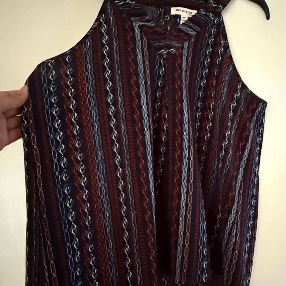 Monteau Navy and Burgundy Patterned Sleeveless Dress